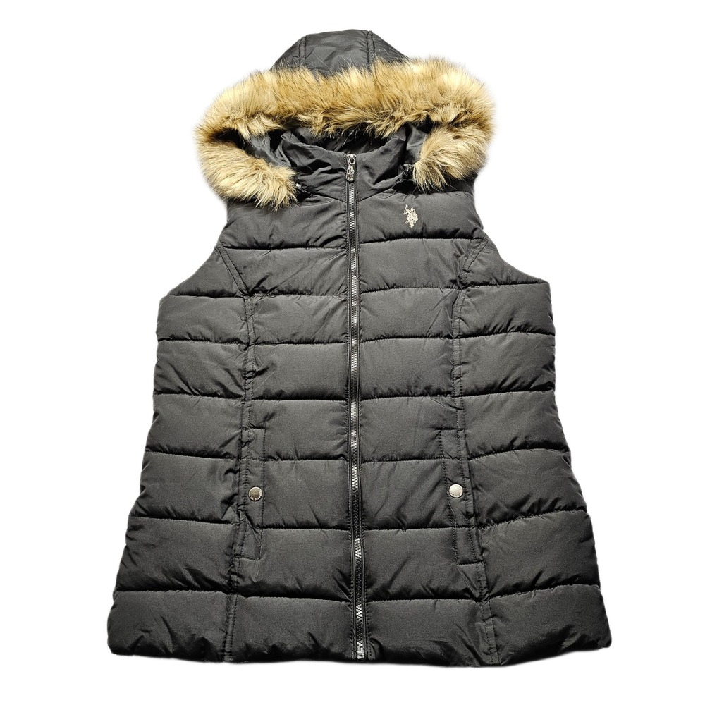 U.S. Polo Assn. Puffer Vest Womens Medium Black Lined Faux Fur Hood Full Zip